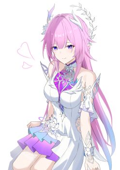 1girl absurdres bare_shoulders breasts closed_mouth commentary cyrene_(demiurge)_(honkai:_star_rail) cyrene_(honkai:_star_rail) dress gradient_hair hair_intakes hair_ornament highres honkai:_star_rail honkai_(series) long_hair looking_at_viewer medium_breasts multicolored_hair nicel pink_hair pointy_ears purple_eyes sidelocks simple_background sitting smile solo white_background white_dress