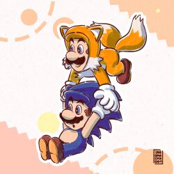 Rule 34 | 2boys, :o, absurdres, blue eyes, brown footwear, brown hair, carrying, carrying person, commentary, cosplay, english commentary, facial hair, flying, gloves, highres, iagobra, luigi, mario, mario (series), multiple boys, mustache, nintendo, open mouth, shoes, smile, sonic (series), sonic the hedgehog, sonic the hedgehog (cosplay), tails (sonic), tails (sonic) (cosplay), white gloves