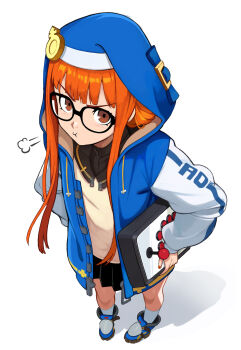 1girl :i androgyne_symbol arcade_stick black_skirt blue_jacket blunt_bangs bridget_(guilty_gear) bridget_(guilty_gear)_(cosplay) controller cosplay game_controller glasses guilty_gear guilty_gear_strive highres holding hood hood_up hooded_jacket jacket joystick long_hair long_sleeves looking_at_viewer nail_polish neggoartz orange_hair persona persona_5 puff_of_air sakura_futaba shoes simple_background skirt socks solo standing white_background