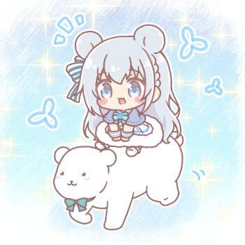 Rule 34 | 1girl, :d, animal, animal ears, bear, bear ears, blue bow, blue capelet, blue eyes, blush stickers, bow, braid, capelet, chibi, commentary request, dress, fur-trimmed dress, fur trim, grey hair, hair bow, highres, long hair, mitarashi neko, open mouth, polar bear, propro production, shirose aoi, sitting, smile, socks, solo, sparkle, striped bow, very long hair, virtual youtuber, white dress, white socks, wrist cuffs