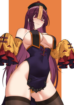 1girl alternate_costume bare_shoulders bbk_(13zk) black_thighhighs breast_curtains breasts chinese_clothes closed_mouth commentary cosplay covered_navel detached_sleeves english_commentary flat_color from_below girls&#039;_frontline halloween hat highres jiangshi large_breasts long_hair long_sleeves looking_at_viewer looking_down orange_background panties purple_hair red_eyes revealing_clothes sideboob simple_background sleeves_past_fingers sleeves_past_wrists solo thighhighs type_97_shotgun_(girls&#039;_frontline) type_97_shotgun_(girls&#039;_frontline)_(cosplay) type_97_shotgun_(ingenious_stratagem_no.97)_(girls&#039;_frontline) underwear wa2000_(girls&#039;_frontline) wide_hips yellow_panties
