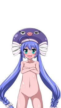 ahoge aqua_eyes blue_hair breasts cameltoe cleft_of_venus commentary_request crossed_arms haamuu hat highres loli looking_at_viewer navel negative_space nude open_mouth otomachi_una pussy simple_background small_breasts solo twintails uncensored vocaloid white_background