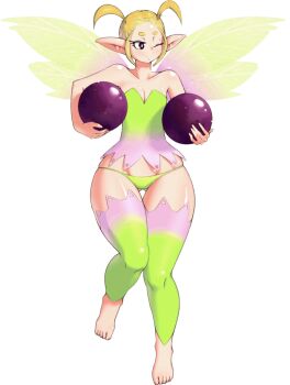 1girl animated animated_gif bare_shoulders barefoot be_witches blonde_hair breast_expansion breast_reduction breasts breasts_squeezed_together closed_mouth curvy fairy female_focus food fruit full_body gluteal_fold grapes large_breasts one_eye_closed pointy_ears short_hair solo thick_thighs thigh_gap thighhighs thighs twintails wide_hips