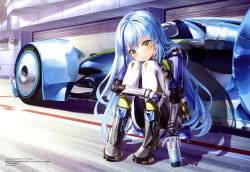 Rule 34 | 1girl, absurdres, black footwear, blue hair, blush, bodysuit, can, car, closed mouth, drink can, fujima takuya, highres, highspeed etoile, komachi towa, legs together, long hair, looking at viewer, magazine scan, megami magazine, motor vehicle, official art, race vehicle, racecar, racing suit, scan, sidelocks, smile, solo, squatting, wheel, yellow eyes