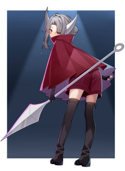 1girl absurdres adapted_costume alternate_costume alternate_eye_color ass ass_focus boots cloak commission commissioner_upload covered_mouth eyelashes fingerless_gloves from_behind full_body gloves hair_bun highres holding holding_polearm holding_weapon hollow_knight hollow_knight:_silksong hornet_(hollow_knight) horns humanization long_bangs long_hair long_sidelocks looking_at_viewer non-web_source petite pink_eyes polearm shorts sidelocks simple_background solo thigh_boots thighs wayanfa weapon white_hair