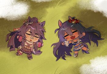 2girls animal_ears asymmetrical_legwear bandaid bandaid_on_face bandaid_on_nose bandeau black_hair black_socks black_thighhighs blue_bandeau blue_hair blue_skirt blush breasts brown_hair chest_sarashi chibi choker closed_eyes coat dark-skinned_female dark_skin deformed fang fingerless_gloves fur_choker gloves grass hair_between_eyes hair_ornament hairclip highres hishi_amazon_(azure_amazon)_(umamusume) hishi_amazon_(umamusume) horse_ears horse_girl horse_tail hwipa_(param_blue) jacket long_hair long_sleeves lying midriff multiple_girls narita_brian_(maverick)_(umamusume) narita_brian_(umamusume) navel on_back open_mouth outdoors pink_gloves plaid_clothes plaid_skirt ponytail rope sarashi shimenawa shirt shoes single_sleeve single_thighhigh skirt smile socks stomach tail thighhighs torn_clothes torn_coat two-tone_bandeau two-tone_shirt two-tone_skirt umamusume uneven_legwear very_long_hair white_bandeau white_choker white_coat white_skirt