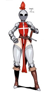 1girl armor boots brown_boots commentary english_commentary full_body gauntlets hand_on_own_hip helmet highres holding holding_sword holding_weapon kardia_(nisetanaka) knight looking_at_viewer nisetanaka original pauldrons pelvic_curtain sheath sheathed shoulder_armor simple_background solo standing sword weapon white_background