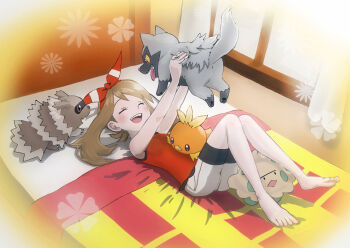 1girl barefoot bed blanket blush brown_eyes brown_hair closed_eyes commentary_request curtains diamond_mouth eyelashes gen_3_pokemon hairband highres holding holding_pokemon lying may_(pokemon) nintendo on_back on_bed open_mouth pokemon pokemon_(creature) pokemon_oras poochyena red_hairband red_shirt runachikku sharp_teeth shirt shorts shroomish sleeveless sleeveless_shirt teeth tongue tongue_out torchic upper_teeth_only white_shorts window zigzagoon