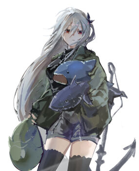 1girl absurdres anchor arknights belt black_shirt black_thighhighs bow breasts brush_stroke coat cowboy_shot green_coat green_jacket grey_belt grey_shorts hair_between_eyes hair_bow highres holding ikea_shark jacket jewelry jiu_wen_daqian long_hair long_sleeves necklace official_alternate_costume one_side_up open_clothes open_jacket parted_lips red_eyes shirt shorts simple_background skadi_(arknights) skadi_(the_next_afternoon_tea)_(arknights) solo standing stuffed_animal stuffed_orca stuffed_shark stuffed_toy thighhighs very_long_hair white_background white_hair zettai_ryouiki
