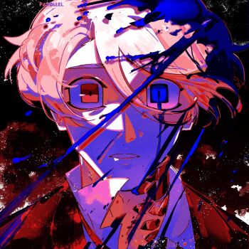 1boy artist_name backlighting black_background blood blood_in_hair blue_blood blue_eyes brown_jacket clenched_teeth collared_shirt elliot_(par0llel) hair_between_eyes heterochromia highres jacket looking_at_viewer male_focus orange_hair original par0llel portrait red_eyes shirt short_hair simple_background solo straight-on teeth white_shirt wide-eyed wind