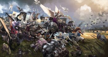 6+boys 6+girls absurdres armor arthur_(fire_emblem_fates) azama_(fire_emblem) azura_(fire_emblem) benny_(fire_emblem) beruka_(fire_emblem) camilla_(fire_emblem) cape charlotte_(fire_emblem) cloud cloudy_sky female_corrin_(fire_emblem) male_corrin_(fire_emblem) dagger dragon effie_(fire_emblem) elise_(fire_emblem) everyone felicia_(fire_emblem) fire_emblem fire_emblem_fates glowing gunter_(fire_emblem) hana_(fire_emblem) highres hinata_(fire_emblem) hinoka_(fire_emblem) horse jakob_(fire_emblem) kaden_(fire_emblem) kagero_(fire_emblem) kaze_(fire_emblem) knife kozaki_yuusuke laslow_(fire_emblem) lens_flare leo_(fire_emblem_fates) mozu_(fire_emblem) multiple_boys multiple_girls niles_(fire_emblem) nintendo oboro_(fire_emblem) odin_(fire_emblem) official_art peri_(fire_emblem) polearm riding rinkah_(fire_emblem) ryoma_(fire_emblem) saizo_(fire_emblem) sakura_(fire_emblem) selena_(fire_emblem_fates) setsuna_(fire_emblem) silas_(fire_emblem) sketch sky spear staff subaki_(fire_emblem) sword takumi_(fire_emblem) war weapon wyvern xander_(fire_emblem)