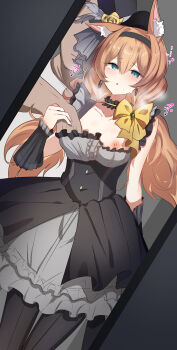 1boy 1girl absurdres animal_ear_fluff animal_ears bare_shoulders black_corset black_hairband black_overskirt black_pantyhose blue_archive blue_eyes blush bow bow_choker breasts cat_ears cat_girl choker corruption corset dress flower frilled_dress frills grabbing_another's_breast grabbing_from_behind grey_dress grey_feathers groping hairband halo hat hat_feather hat_flower highres idol_clothes interrupted long_hair low_twintails mari_(blue_archive) mari_(idol)_(blue_archive) medium_breasts mini_hat mini_top_hat netorare official_alternate_costume open_door orange_hair pantyhose rose sleeveless sleeveless_dress teik0p top_hat twintails wrist_wrap yellow_bow yellow_flower yellow_halo yellow_rose