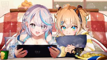 2girls amagai_ruka appare_hinata blonde_hair blue_eyes blue_hair blue_nails blue_sweater bow breasts chips_(food) cleavage commentary_request cup drinking_straw food fruit game_console grey_hair hair_bow hair_ornament hairclip handheld_game_console highres holding holding_pillow kotatsu large_breasts mug multicolored_eyes multicolored_hair multicolored_sweater multiple_girls nail_polish nintendo_switch_2 orange_(fruit) pillow potato_chips satsuki_(pixiv_742410) sparkle sparkling_eyes striped_clothes striped_sweater sweater table twintails under_kotatsu under_table virtual_youtuber weather_planet white_sweater yellow_eyes yellow_sweater