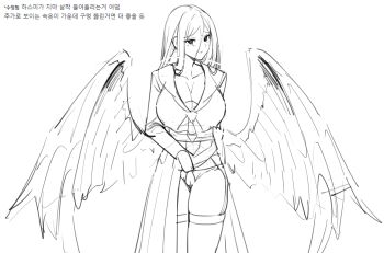 1girl absurdres blue_archive breasts cleft_of_venus garter_straps hasumi_(blue_archive) highres korean_text large_breasts long_hair looking_at_viewer pussy school_uniform serafuku sketch stupid thighhighs white_background wings
