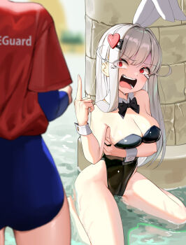 Rule 34 | absurdres, arm under breasts, bare legs, bare shoulders, barefoot, black bow, black leotard, bow, breasts, cleavage, collar, covered navel, dduck kong, detached collar, eyes visible through hair, grey hair, hair ornament, hairclip, heart, heart hair ornament, highres, layered sleeves, leotard, lifeguard, long hair, long sleeves, medium breasts, middle finger, open mouth, original, playboy bunny, red eyes, red shirt, shallow water, shirt, short over long sleeves, short sleeves, sitting, strapless, strapless leotard, tears, very long hair, wariza, water, white collar, wing collar, wrist cuffs