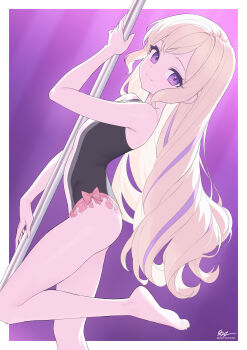 1girl absurdres alternate_costume alternate_hairstyle armpits artist_name bare_arms bare_legs bare_shoulders barefoot black_leotard blonde_hair border bow closed_mouth commission dancer dancing dhokidoki elise_(fire_emblem) fire_emblem fire_emblem_fates highres leotard long_hair looking_at_viewer multicolored_hair nintendo pink_bow pole_dancing purple_background purple_eyes purple_hair simple_background streaked_hair white_border