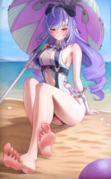 1girl absurdres barefoot beach blush feet highres ighres long_hair looking_at_viewer parasol parted_lips pointy_ears puppnett purple_hair red_eyes soles toes umbrella vivian_banshee zenless_zone_zero