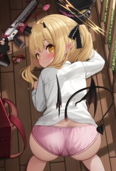 1girl absurdres ass bag blonde_hair blue_archive closed_mouth comodox crime_prevention_buzzer demon_tail demon_wings halo highres horns ibuki_(blue_archive) large_variant_set loli looking_at_viewer paid_reward_available panties pink_panties pointy_ears shirt solo tail underwear variant_set weapon white_shirt wings wooden_floor yellow_eyes