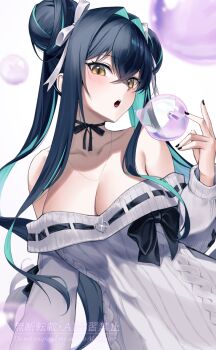 1girl bare_shoulders black_bow black_nails blue_hair blush bow breasts bubble cleavage double_bun dress goddess_of_victory:_nikke green_hair hair_bow hair_bun highres large_breasts little_mermaid_(nikke) long_hair looking_at_viewer multicolored_hair off-shoulder_dress off_shoulder open_mouth ribbed_dress simple_background solo twintails white_background white_bow yellow_eyes yorugami_rei
