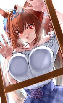 1girl against_glass against_window animal_ears bad_source blue_skirt breast_press breasts breasts_on_glass brown_hair cheek_on_glass daiwa_scarlet_(casual)_(umamusume) daiwa_scarlet_(umamusume) fang from_outside glass hair_between_eyes hair_intakes hand_on_glass highres horse_ears horse_girl jealous large_breasts long_hair looking_at_viewer open_mouth red_eyes sg_(esujii) shirt skin_fang skirt slit_pupils solo standing tiara twintails umamusume very_long_hair white_shirt window