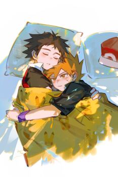 Rule 34 | absurdres, bed, black shirt, blanket, brown hair, closed eyes, closed mouth, collared shirt, cuddling, embarrassed, fiy1827565, hat, highres, male focus, nintendo, orange eyes, orange hair, pillow, pokemon, pokemon frlg, purple wrist cuffs, red (pokemon), red hat, red shirt, shirt, short hair, sleeping, sweat, t-shirt, teeth, wrist cuffs, yellow blanket