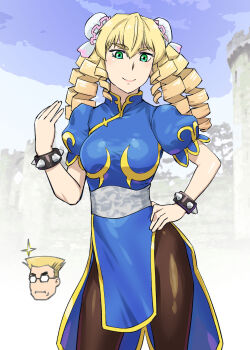 Rule 34 | 1girl, akuyaku reijou tensei ojisan, black pantyhose, blonde hair, bracelet, breasts, bun cover, capcom, china dress, chinese clothes, chun-li, chun-li (cosplay), cosplay, double bun, dress, drill hair, glasses, grace auvergne, green eyes, guile, hair bun, highres, jewelry, otome game no hametsu flag shika nai akuyaku reijou ni tensei shite shimatta, pantyhose, pelvic curtain, smile, spiked bracelet, spikes, street fighter, street fighter ii (series), thighs, tondabayashi kenzaburou, ueyama michirou