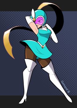 1girl arched_back arm_up armpits artist_name blonde_hair boots breasts capcom curvy elbow_gloves gamepal gloves helmet highres large_breasts long_hair pantyhose sexy_silvia_(viewtiful_joe) silvia_(viewtiful_joe) skirt smile thick_lips thigh_boots viewtiful_joe visor_(armor) wide_hips