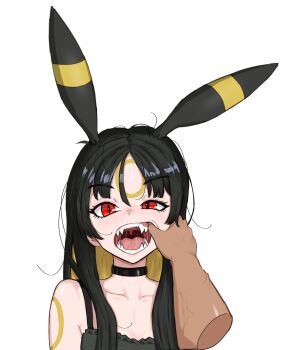 1boy 1girl animal_ears arm_markings bare_shoulders black_choker black_dress black_ears black_hair blonde_hair body_markings breasts choker cleavage collarbone colored_inner_hair commentary_request dark-skinned_male dark_skin disembodied_hand dot_nose dress eyebrows_hidden_by_hair facial_mark fangs finger_in_another's_mouth frilled_dress frills gen_2_pokemon hair_between_eyes hair_over_shoulder highres long_eyelashes long_hair looking_at_viewer messy_hair mouth_pull multicolored_hair nihu nintendo open_mouth out_of_frame parted_bangs parted_hair personification pokemon portrait pov pov_hands raised_eyebrows red_eyes saliva saliva_trail sidelocks simple_background slit_pupils solo_focus teeth thick_eyelashes tongue tsurime two-tone_hair umbreon veins veiny_arms white_background