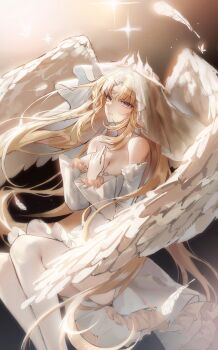 1girl bare_shoulders blonde_hair breasts cleavage closed_mouth commentary_request detached_sleeves dress facial_mark feathers feet_out_of_frame forehead_mark frilled_dress frilled_sleeves frills genshin_impact gold_halo grey_pupils hands_on_own_chest highres large_breasts long_hair long_sleeves nicole_(genshin_impact) pink_eyes pointy_ears see-through_clothes see-through_veil sitting smile solo soymilk_arts2 thighhighs veil very_long_hair white_dress white_sleeves white_thighhighs white_veil white_wings wings