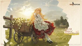 1girl :d animal apron baby_animal black_shoes black_vest blonde_hair character_name cloud cloudy_sky commentary copyright_name daisy_(flower) day english_commentary falling_petals fang fence field flower full_body girls'_frontline grass highres holding holding_animal lamb leaning_on_object long_hair long_sleeves looking_at_viewer mary_janes meadow nin_(lion) official_alternate_costume official_art open_mouth outdoors pantyhose petals promotional_art red_skirt s.a.t.8_(ballad_of_twilight_blossoms)_(girls'_frontline) s.a.t.8_(girls'_frontline) second-party_source shadow sheep shirt shoes skirt sky smile solo standing teeth tree upper_teeth_only veil very_long_hair vest wagon white_apron white_pantyhose white_shirt white_veil wooden_fence