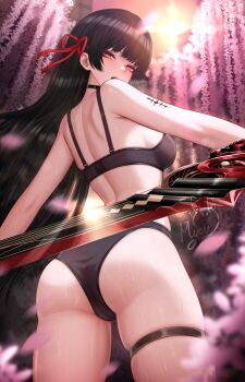 1girl absurdres ass black_bra black_hair black_panties blurry blurry_background bra breasts chisa_(wuthering_waves) commentary cowboy_shot depth_of_field english_commentary from_behind hair_ribbon highres holding holding_sword holding_weapon long_hair looking_at_viewer looking_back median_furrow medium_breasts mole mole_under_eye myeu paid_reward_available panties pink_eyes red_ribbon ribbon shoulder_blades signature solo sword tacet_mark_(wuthering_waves) thigh_strap thighs underwear underwear_only weapon wuthering_waves