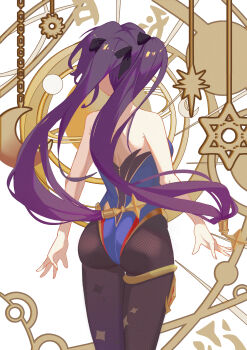 1girl absurdres ass bare_shoulders black_pantyhose blue_leotard commentary crescent from_behind genshin_impact hair_ornament haruka_(eyao) highres jewelry leotard long_hair low-tied_long_hair mona_(genshin_impact) pantyhose print_pantyhose purple_hair solo standing star_(symbol) star_print strapless strapless_leotard thighlet twintails very_long_hair