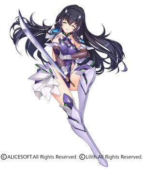 1girl armor black_hair breasts closed_eyes commentary_request copyright_notice crossover fighting_stance fishnet_sleeves fishnets highres holding holding_sword holding_weapon leg_armor medium_breasts min-naraken mizuhara_hazuki official_art second-party_source shoulder_armor showgirl_skirt simple_background smile sword taimanin_(series) taimanin_rpgx taimanin_suit toushin_toshi toushin_toshi_ii weapon white_background