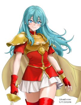 Rule 34 | 1girl, 2026, absurdres, aqua eyes, aqua hair, armor, artist name, blue eyes, blue hair, blush, breastplate, breasts, cape, closed mouth, commentary, dated, eirika (fire emblem), english commentary, female focus, fingerless gloves, fire emblem, fire emblem: the sacred stones, gloves, highres, holding, holding sword, holding weapon, iamerror14, jewelry, long hair, looking at viewer, matching hair/eyes, nintendo, rapier, red gloves, red thighhighs, red tunic, short sleeves, shoulder armor, sieglinde (sword), simple background, skirt, smile, solo, sword, thighhighs, thighs, tunic, weapon, white background, yellow armor, yellow cape, zettai ryouiki