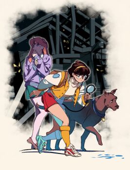 2girls abandoned animal animal_collar animification blonde_hair blue_eyes breasts brown_eyes brown_hair brown_shoes collar commentary covering_own_mouth daphne_blake dog edoya_inuhachi female_focus glasses glowing glowing_eyes great_dane green_skirt hairband hand_over_own_mouth highres holding holding_magnifying_glass jacket leaning_forward letterman_jacket long_hair looking_back looking_up magnifying_glass medium_breasts multiple_girls pleated_skirt purple_jacket red_shoes red_shorts rimless_eyewear round_eyewear scared scooby-doo scooby-doo_(character) searching shadow shoes short_hair shorts skirt small_sweatdrop sneakers socks standing sweater thighhighs turtleneck turtleneck_sweater velma_dinkley walking white_sweater yellow_hairband yellow_socks