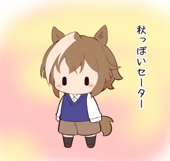 1girl animal_ears black_socks blue_sweater_vest blush brown_hair brown_shoes brown_shorts cheval_grand_(umamusume) chibi chibi_only collared_shirt commentary_request full_body gomashio_(goma_feet) horse_ears horse_girl horse_tail long_sleeves multicolored_hair no_mouth shirt shoes short_hair shorts socks solo standing sweater_vest tail translation_request two-tone_hair umamusume white_hair white_shirt |_|