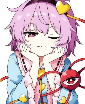 1girl :3 black_hairband blue_shirt blush buttons closed_mouth collared_shirt commentary eyeball frilled_shirt_collar frilled_sleeves frills hair_ornament hairband head_rest heart heart_button heart_hair_ornament highres komeiji_satori long_sleeves looking_at_viewer one_eye_closed pink_eyes pink_hair pioartstuff ribbon-trimmed_collar ribbon_trim shirt simple_background smile solo third_eye touhou white_background wide_sleeves