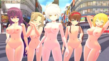 3d blonde_hair blue_eyes breasts brown_hair flat_chest green_eyes heterochromia imu_(senran_kagura) large_breasts looking_at_viewer miyabi_(senran_kagura) modeling murasaki_(senran_kagura) nipples nude_filter nude_mod nude_modeling purple_eyes purple_hair ryoubi_(senran_kagura) ryouna_(senran_kagura) senran_kagura senran_kagura_burst third-party_edit white_hair yellow_eyes yuri
