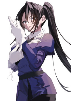 Rule 34 | 1girl, black hair, black skirt, brown eyes, cowboy shot, gloves, highres, jacket, kantai collection, long hair, military uniform, nachi (kancolle), nachi kai ni (kancolle), one-hour drawing challenge, ponytail, purple jacket, simple background, skirt, solo, standing, white background, white gloves, yami (m31)