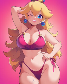 1girl arm_behind_head armpits bikini blonde_hair blue_eyes blush breasts cleavage crown curvy earrings flipherrrr hand_on_own_hip highleg highres jewelry large_breasts legs long_hair looking_at_viewer mario_(series) nintendo one_eye_closed pink_background pink_bikini princess_peach swimsuit teeth thighs thong_bikini wide_hips wink
