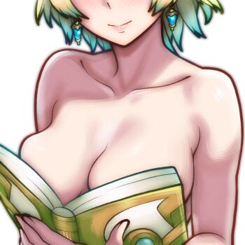 1girl aqua_hair blonde_hair boobs_in_book_(meme) book breasts collarbone earrings eyes_out_of_frame fire_emblem fire_emblem_heroes fjorm_(fire_emblem) head_out_of_frame holding holding_book jewelry large_breasts meme nintendo nude open_book rotomdocs simple_background smile solo ssgprt upper_body white_background