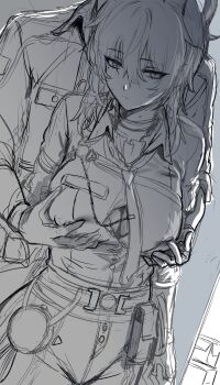 1boy 1girl absurdres armband bra bra_peek breasts button_gap chest_harness choker closed_mouth collared_jacket collared_shirt cowboy_shot curled_horns gloves grabbing_another's_breast grabbing_from_behind groping hair_between_eyes harness hetero hews highres horns jacket large_breasts male_rover_(wuthering_waves) medium_hair necktie pants rover_(wuthering_waves) shirt shirt_tucked_in sketch tight_clothes tight_pants underwear unfinished wuthering_waves zani_(wuthering_waves)