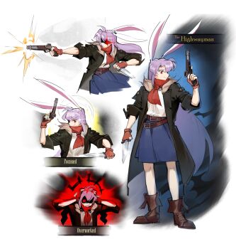 Rule 34 | 1girl, absurdres, affliction (darkest dungeon), animal ears, antique firearm, asymmetrical dual wielding, belt, blue skirt, boots, breasts, coat, cosplay, crossed belts, crt599, darkest dungeon, dual wielding, firearm, firelock, firing, flintlock, gameplay mechanics, gloves, gun, hands on own head, highres, highwayman (darkest dungeon), highwayman (darkest dungeon) (cosplay), holding, knife, long hair, overcoat, purple hair, rabbit ears, rabbit girl, red eyes, red scarf, reisen udongein inaba, scarf, skirt, smile, solo, sparkle, standing, touhou, very long hair, virtue (darkest dungeon), weapon, white background