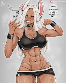 1girl abs absurdres almualim artist_logo black_choker black_sports_bra blush boku_no_hero_academia breasts cellphone choker clenched_hand dark_skin english_text flexing grey_background gym_uniform highres holding holding_phone large_breasts logo long_hair looking_at_viewer mirko muscular muscular_female panty_straps patreon_logo patreon_username phone red_eyes simple_background smartphone solo speech_bubble sports_bra sweat teeth thighs watermark web_address white_hair