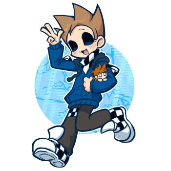 1boy :3 black_eyes blue_hoodie blush brown_hair ccai25 character_doll checkered_neckerchief checkered_shoes commentary doll eddsworld fang full_body grey_pants hood hood_down hoodie long_sleeves looking_at_viewer male_focus neckerchief open_mouth pants shoes short_hair smile sneakers solo spiked_hair thick_lineart tom_(eddsworld) tord_(eddsworld) w walking white_background