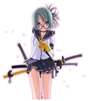 1girl arms_behind_back belt blue_eyes book female_focus glaring glasses gradient_background green_hair hair_ornament hairclip hairpin katana necktie original pleated_skirt ponytail reference_work sakuya_tsuitachi school_uniform serafuku skirt solo square-end_necktie sword weapon