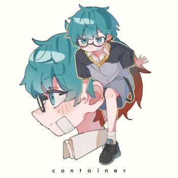 1boy absurdres bandaid bandaid_on_cheek bandaid_on_face black-framed_eyewear black_shirt black_shoes black_socks blush closed_mouth full_body glasses green_eyes green_hair grey_shorts highres male_focus multiple_views nanoni! open_mouth original round_eyewear shirt shoes short_hair short_sleeves shorts simple_background sneakers socks standing standing_on_one_leg white_background wing_collar