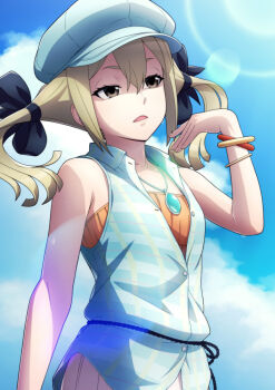 Rule 34 | 1girl, bare shoulders, black bow, black ribbon, blonde hair, blue jacket, blue sky, blue vest, blurry, bokeh, bow, breasts, buttons, casual, checkered clothes, checkered jacket, cloud, cloudy sky, collarbone, depth of field, dress, fanning face, fanning self, from below, from side, hair bow, hair ribbon, jacket, jewelry, koujiro frau, looking up, multiple hair bows, necklace, open collar, open mouth, orange dress, partially unbuttoned, pleated dress, ribbon, robotics;notes, science adventure, sidelocks, sky, sleeveless, sleeveless jacket, small breasts, standing, summer, sunlight, sweat, taba neruko, tongue, twintails, vest, yellow eyes