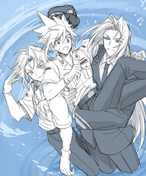 Rule 34 | 3boys, alternate costume, arm around back, arm around neck, black jacket, black necktie, black pants, blue background, blush, carrying, closed mouth, cloud strife, collared shirt, commentary request, cowboy shot, cropped legs, final fantasy, final fantasy vii, final fantasy vii: ever crisis, final fantasy vii remake, gloves, hair between eyes, hat, highres, jacket, long hair, male focus, monochrome, multiple boys, necktie, none (kameko227), official alternate costume, open mouth, pants, parted bangs, princess carry, salute, sephiroth, sephiroth (ever crisis), shirt, short hair, slit pupils, spiked hair, sweatdrop, time paradox, unworn hat, unworn headwear, white gloves, white shirt, yaoi