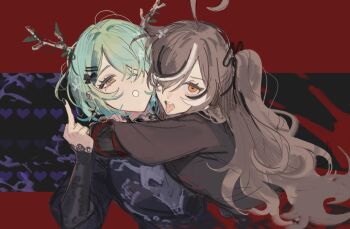 Rule 34 | 2girls, ahoge, antler ribbon, antlers, arms around neck, black nails, black ribbon, black sweater, brown hair, ceres fauna, ceres fauna (goth), commentary, eus ing, flower, goth fashion, green hair, hair flower, hair ornament, hair over one eye, hair ribbon, half-closed eyes, heart, hololive, hololive english, horns, hug, lace, lace sleeves, long hair, long sleeves, looking at viewer, middle finger, mole, mole under eye, multicolored hair, multiple girls, nanashi mumei, nanashi mumei (emo), official alternate costume, official alternate hair length, official alternate hairstyle, open mouth, orange eyes, red background, ribbon, short hair, streaked hair, sweater, tongue, tongue out, untranslatable commentary, upper body, virtual youtuber, white mouth, white streaks, yellow eyes